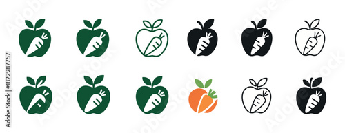 Set of apple and carrot icons in various colors and styles