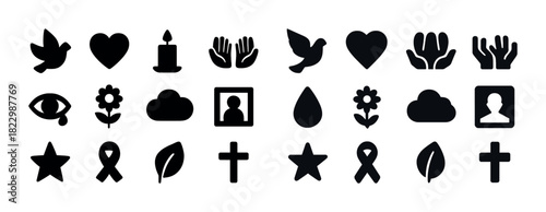 Set of religious and nature symbols including dove, heart, cross, candle, and leaf icons