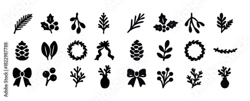 Collection of black holiday-themed silhouettes featuring bows and greens