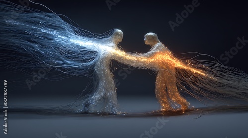 human figures intertwined by fiber optic cables, one glowing and one fading, symbolic connection in digital age, surreal conceptual realism, v7 