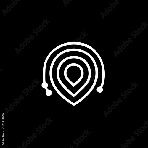 A minimalist white line art logo on a black background, featuring concentric teardrop shapes resembling a location pin with digital connection points.