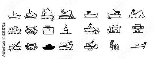 Collection of fishing icons: boats, fishermen, and equipment in various styles