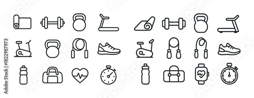 Minimalist fitness equipment icons: dumbbells, kettlebell, treadmill, bike, yoga mat