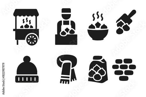 Street Food Icons. Street food. Filled icon set of street food: roasted chestnut cart, vendor, steaming