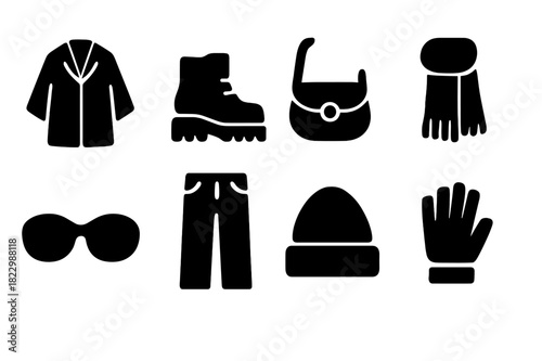 Street Style Icons. Street style winter. Filled icon set of street style winter: oversized coat, chunky boots,