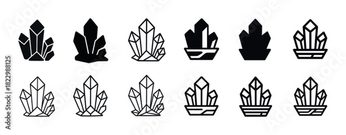 Monochrome crystal icon set in various geometric styles