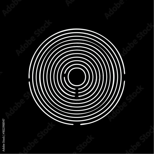 A minimalist graphic design featuring a white circular labyrinth or maze on a solid black background, showing a path from the outer edge to the center.