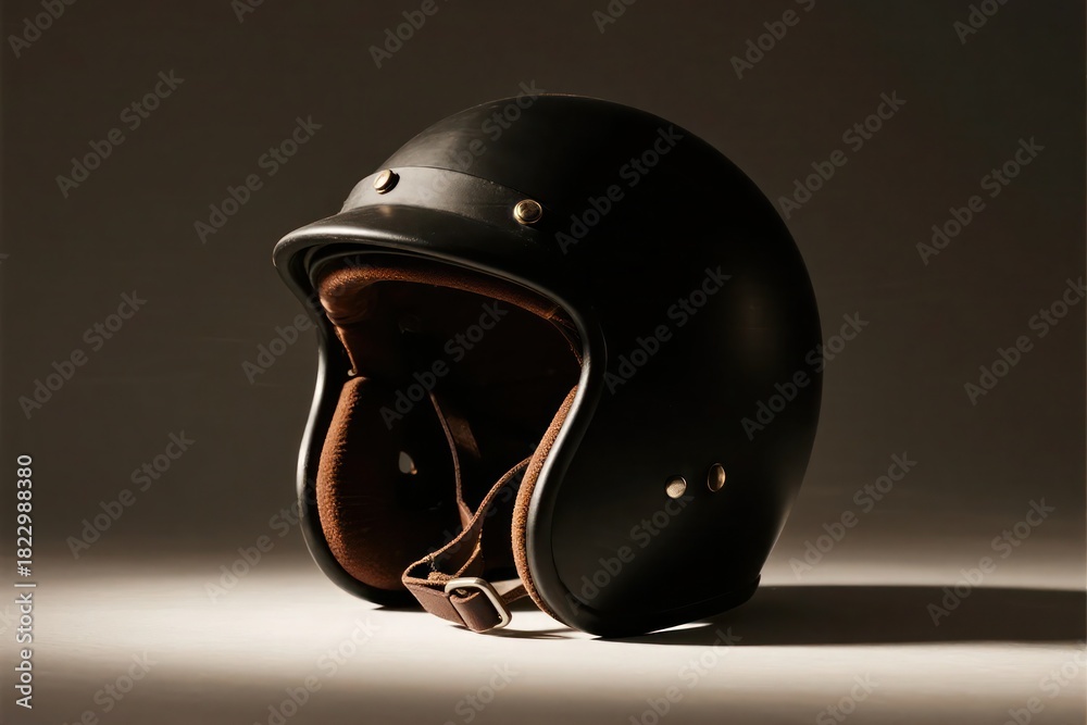 Fototapeta premium Isolated Black Motorcycle Helmet with Brown Lining and Strap Still Life