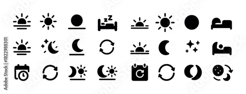Set of minimalist sun and moon cycle icons with sleep and calendar symbols