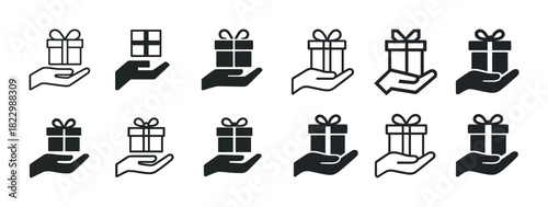 Gift box hand icons collection in various styles for versatile design use