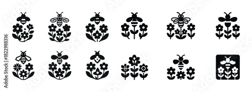 Silhouette bees and flower patterns in various designs and arrangements