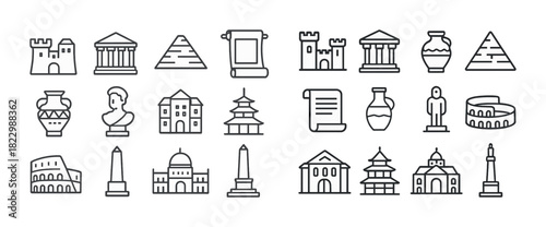 Set of iconic world landmarks and historical monuments outline icons