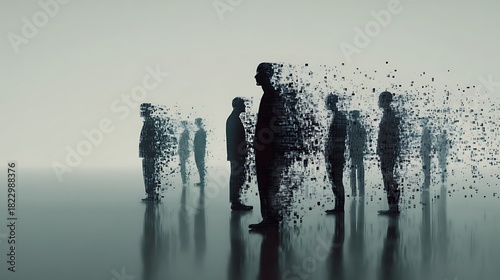 human silhouettes dissolving into pixels, fading digital link between them, concept of online disconnection, minimal cyber aesthetic, v7 cinematic soft light 