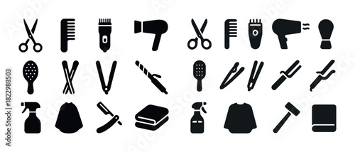 Collection of hairdressing tools icons: scissors, combs, clippers, dryers, and accessories