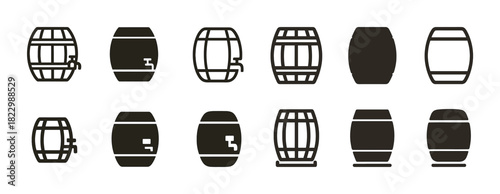 Set of twelve barrel icons in various styles and designs