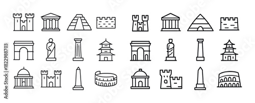 Icon set of global landmarks: castles, temples, pyramids, and towers