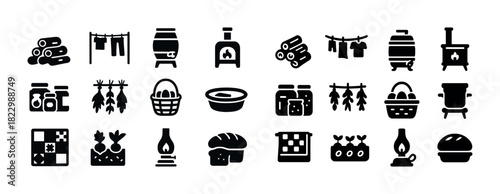 Rustic farmhouse icon set featuring vintage kitchen and hearth elements