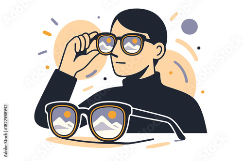 Stylish Snow Reflections. Trendy Sunglasses with Snow Reflection. Minimal sunglasses reflecting bright snowy