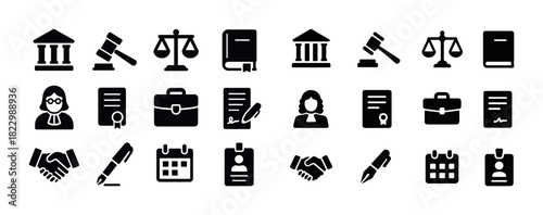 Legal and business icon set including justice, agreement, and documentation symbols