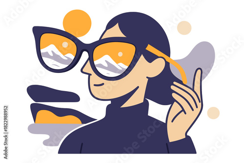 Stylish Snow Reflections. Trendy Sunglasses with Snow Reflection. Minimal sunglasses reflecting bright snowy