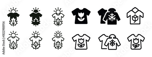 Seasonal clothing icons: spring, summer, autumn, winter styles with nature symbols