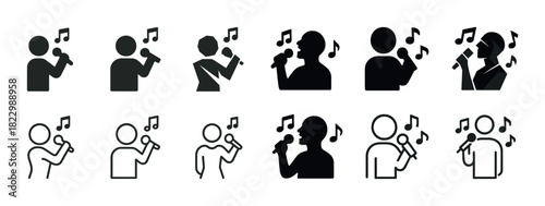 Music icons: diverse singing figures with microphones and notes