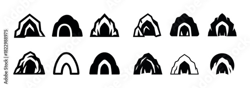 Set of twelve stylized cave icons in black and white design