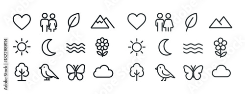Nature and relationship icons: heart, tree, sun, moon, cloud, bird, butterfly, leaf, mountain
