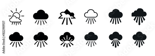 Weather icons: sun, clouds, rain in varied black and white designs