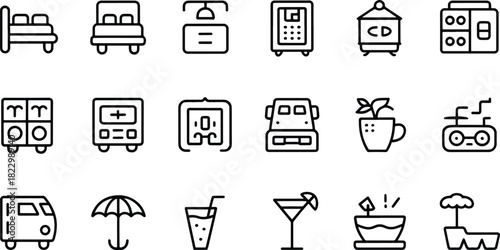 Hotel amenities and vacation icons set collection