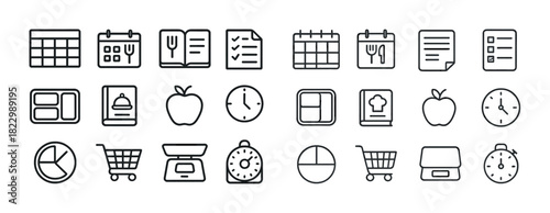 Outline icons: calendar, notebook, checklist, clock, food, shopping cart