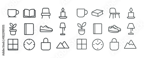 Minimalist line art icons of everyday objects including furniture and decor