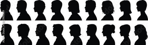 Silhouette profile set of diverse human heads, hairstyle variation, gender mix, character design, identity, diversity, modeling, face shapes