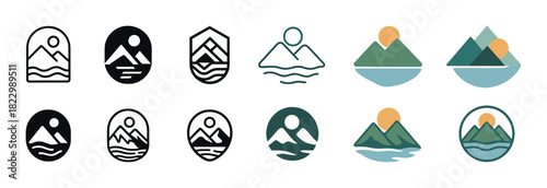 Stylized mountain and sun logos in various artistic designs
