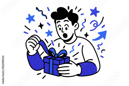 Surprising Gift Unwrap. Gift reveal. A person unwrapping a small present, eyes wide with surprise. Floating