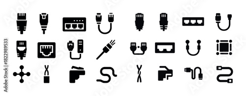Ethernet cable and network icon set in black and white design