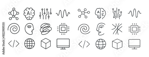 Ai technology icons: neural networks, coding, cyber concepts in line art