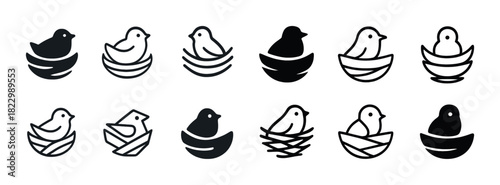 Set of black and white bird and nest icon variations in different styles