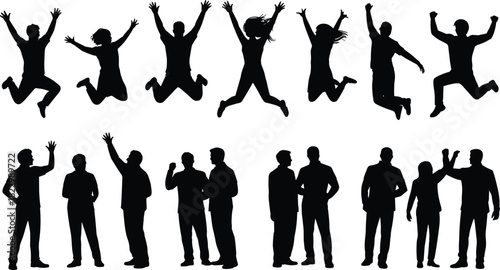 silhouette, people, group, jumping, standing, teamwork, celebration, crowd, pose, casual, business, human, diversity, motion, activity