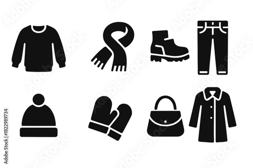 Sweater Weather Icons. Sweater weather outfit flat lay. Filled icon set of sweater weather outfit flat lay: