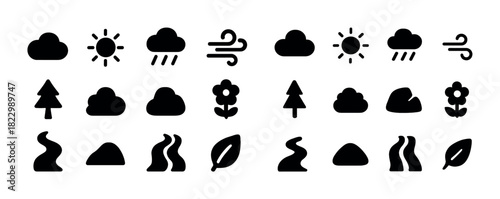Weather and nature icons: sun, cloud, rain, wind, tree, flower, leaf