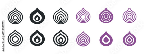 Black and purple onion-shaped icons with circular patterns