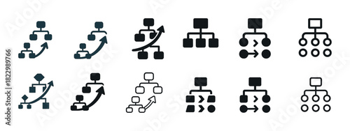 Set of hierarchical flowchart icons with arrows indicating process paths