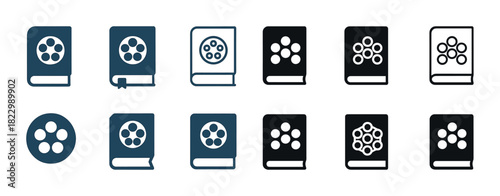Film reel book icons collection in varied styles and colors