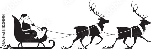 Festive Flight: Santa guides his sleigh, pulled by reindeer across the starry sky, delivering gifts to eagerly awaiting homes, capturing a scene of Christmas spirit and holiday joy.