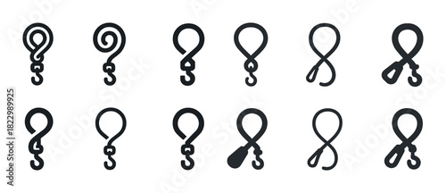 Set of twelve black question mark and hook symbols in various styles