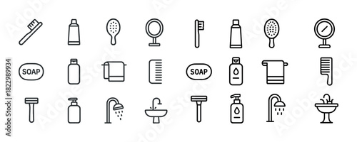 Bathroom essentials icons: soap, towel, razor, toothbrush, mirror