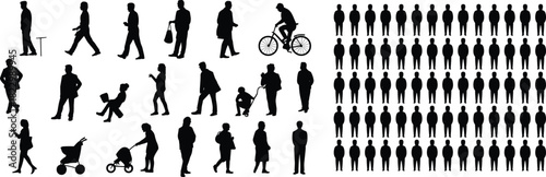 Silhouettes of diverse individuals and uniform crowd, activity contrast, posture variation, population concept, social behavior, demographic illustration
