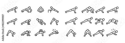 Variety of stick figure exercise poses showcasing fitness and flexibility