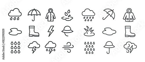 Weather icons set: rain, umbrella, boots, thunder, wind, cloud symbols in black and white